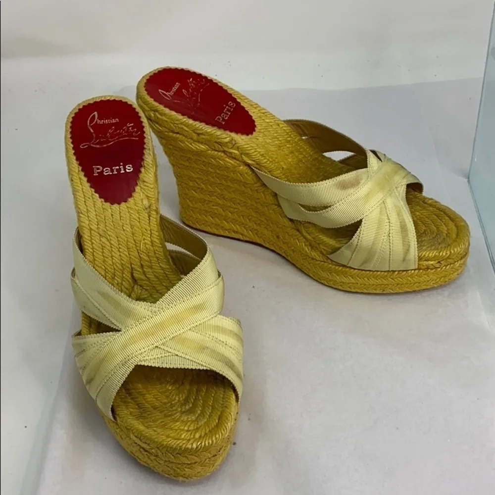 Christian Louboutin Sz 6 Yellow Ribbon Espadrille Wedges Heels Backless Sandals